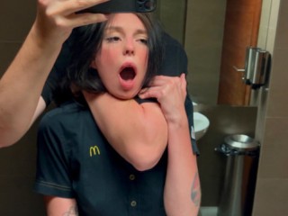 Amateur worker, bathroom, spilled soda, risky sex act.