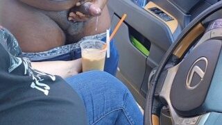 Chubby woman unexpectedly enhances iced coffee with an unusual addition.