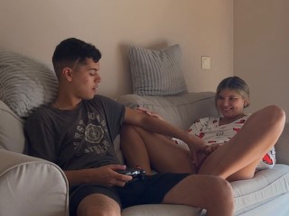My latina stepsister demands sexual favor before allowing video game completion.
